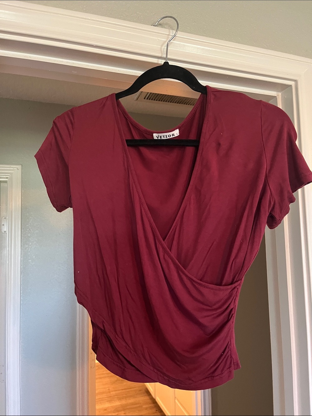 Women's Burgundy Wrap-Style Short Sleeve Crop Top